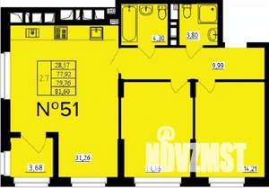 2-к квартира, строящийся дом, 80м2, 2/9 этаж