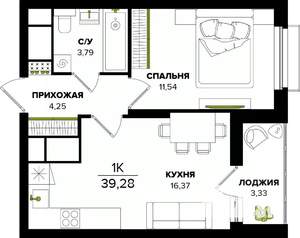 1-к квартира, строящийся дом, 39м2, 20/25 этаж