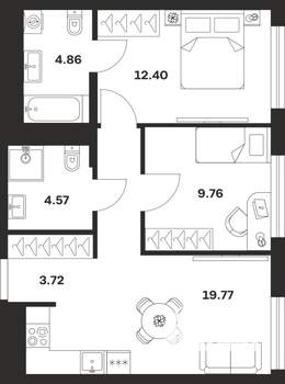 2-к квартира, строящийся дом, 55м2, 3/25 этаж