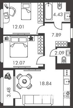 2-к квартира, вторичка, 59м2, 9/9 этаж