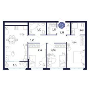 3-к квартира, строящийся дом, 74м2, 2/25 этаж