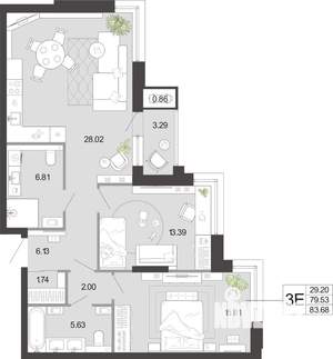 2-к квартира, вторичка, 84м2, 1/21 этаж