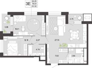 2-к квартира, вторичка, 83м2, 3/21 этаж