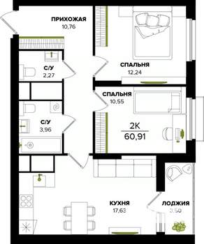 2-к квартира, строящийся дом, 61м2, 11/25 этаж