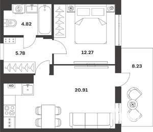 1-к квартира, вторичка, 46м2, 1/4 этаж