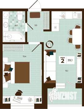 2-к квартира, строящийся дом, 39м2, 11/14 этаж