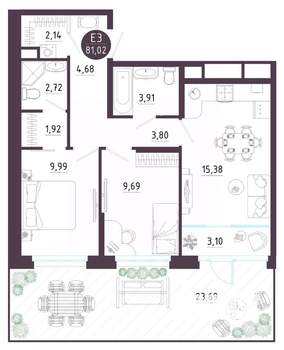 2-к квартира, вторичка, 81м2, 1/10 этаж