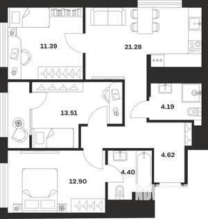 3-к квартира, строящийся дом, 72м2, 10/25 этаж