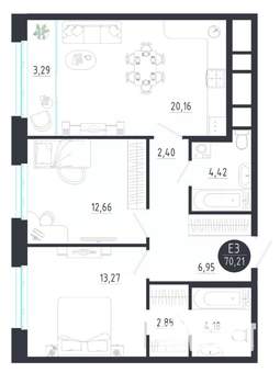 2-к квартира, строящийся дом, 70м2, 2/8 этаж