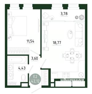1-к квартира, строящийся дом, 42м2, 23/25 этаж