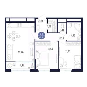 2-к квартира, вторичка, 60м2, 24/25 этаж