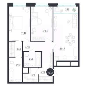 2-к квартира, строящийся дом, 79м2, 4/8 этаж