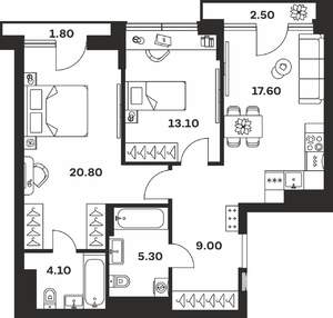 2-к квартира, вторичка, 74м2, 3/9 этаж