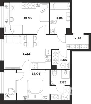 2-к квартира, строящийся дом, 62м2, 1/25 этаж