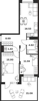 2-к квартира, вторичка, 64м2, 1/15 этаж