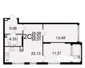 2-к квартира, строящийся дом, 57м2, 9/20 этаж