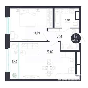 1-к квартира, строящийся дом, 49м2, 8/8 этаж