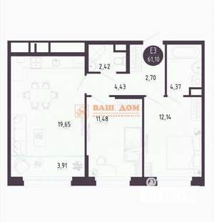 2-к квартира, вторичка, 61м2, 9/10 этаж