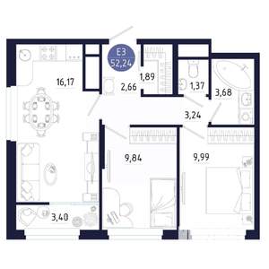 2-к квартира, строящийся дом, 52м2, 14/25 этаж