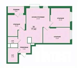 3-к квартира, строящийся дом, 77м2, 3/25 этаж