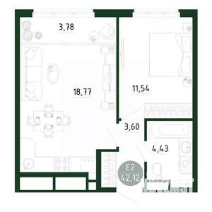 1-к квартира, строящийся дом, 42м2, 8/25 этаж