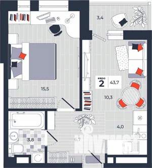 2-к квартира, строящийся дом, 44м2, 14/14 этаж