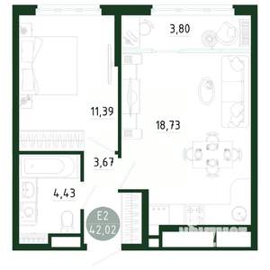 1-к квартира, строящийся дом, 42м2, 16/25 этаж