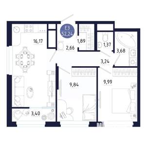 2-к квартира, вторичка, 52м2, 18/25 этаж