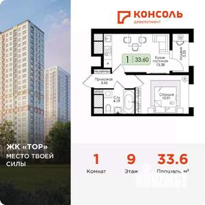 1-к квартира, вторичка, 34м2, 9/25 этаж