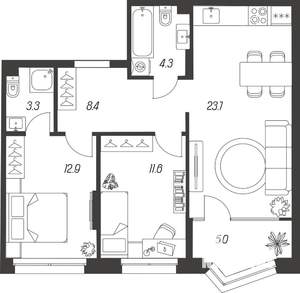 3-к квартира, строящийся дом, 68м2, 6/24 этаж