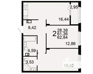 2-к квартира, строящийся дом, 61м2, 6/9 этаж