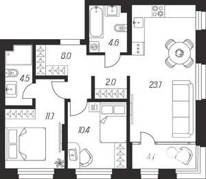 3-к квартира, строящийся дом, 69м2, 2/24 этаж