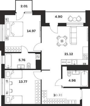 2-к квартира, вторичка, 78м2, 3/4 этаж