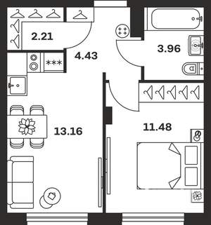 1-к квартира, вторичка, 35м2, 1/15 этаж