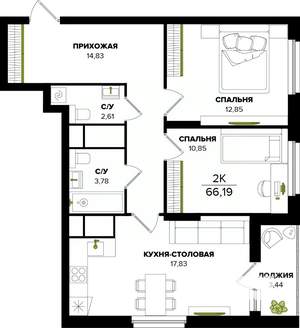 3-к квартира, строящийся дом, 66м2, 18/25 этаж