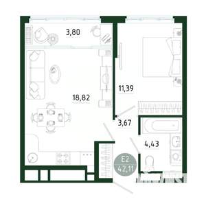 1-к квартира, строящийся дом, 42м2, 11/25 этаж