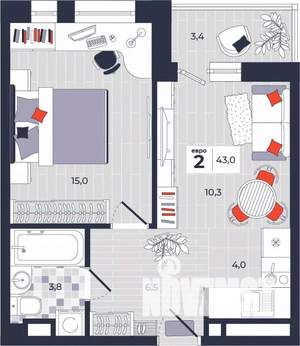 2-к квартира, строящийся дом, 43м2, 3/14 этаж