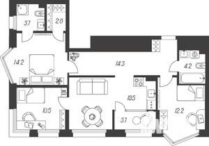 3-к квартира, строящийся дом, 84м2, 22/24 этаж
