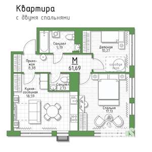 2-к квартира, вторичка, 62м2, 2/5 этаж