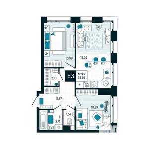 2-к квартира, вторичка, 56м2, 4/15 этаж