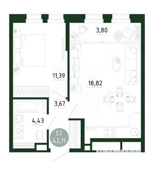 1-к квартира, строящийся дом, 42м2, 16/25 этаж