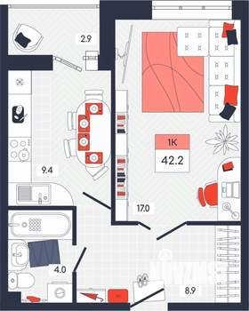 1-к квартира, строящийся дом, 42м2, 2/14 этаж