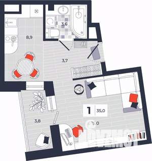 1-к квартира, строящийся дом, 35м2, 7/14 этаж