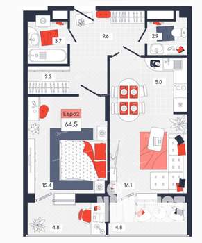 2-к квартира, вторичка, 65м2, 13/15 этаж