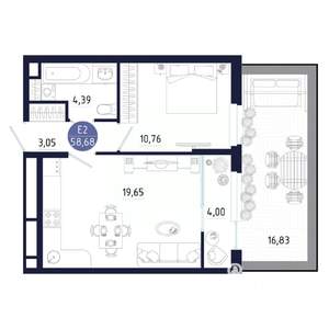 2-к квартира, строящийся дом, 59м2, 1/25 этаж