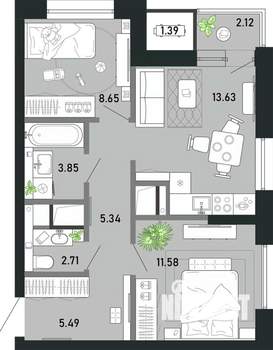 2-к квартира, вторичка, 55м2, 4/21 этаж