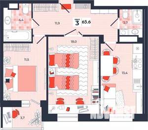 3-к квартира, вторичка, 66м2, 8/14 этаж