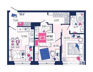 2-к квартира, вторичка, 53м2, 8/25 этаж