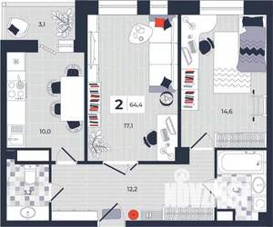 2-к квартира, вторичка, 64м2, 7/14 этаж