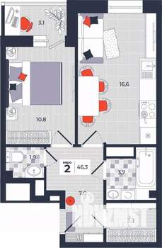 2-к квартира, вторичка, 46м2, 8/14 этаж